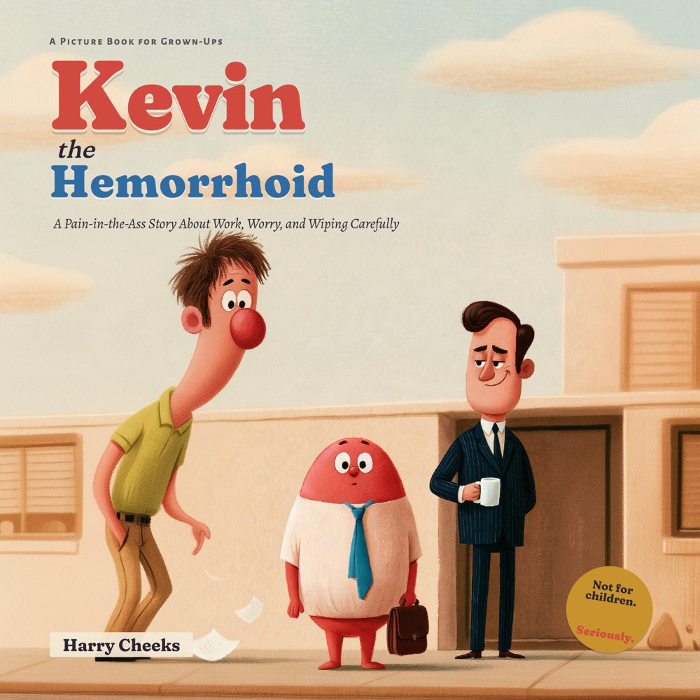 Cover of Kevin the Hemorrhoid: a small red jellybean-shaped character in a shirt and blue tie, a coworker poking him and a smug boss holding a mug.