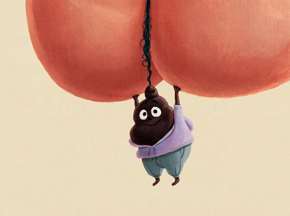 Donald, a small lumpy dingleberry in a lavender hoodie, dangling from one curly hair beneath a giant pink cartoon butt.