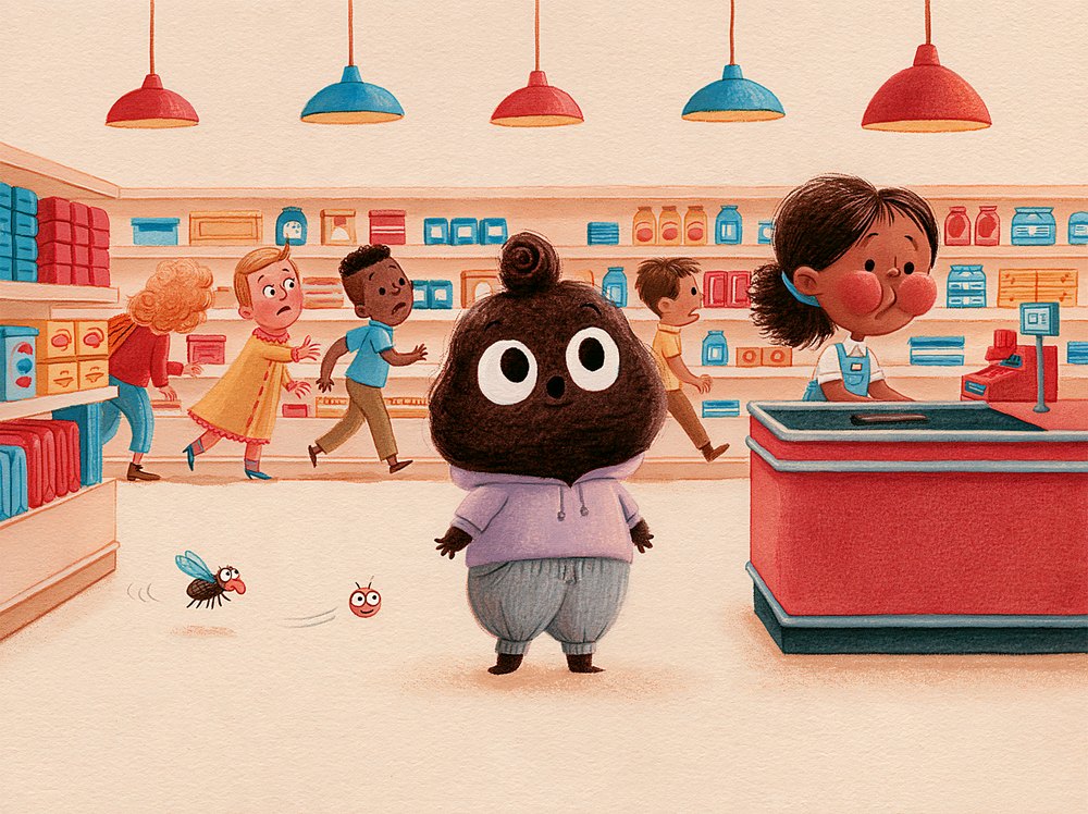 A grocery checkout where shoppers flee from Donald and a tiny cartoon fly holds its nose.