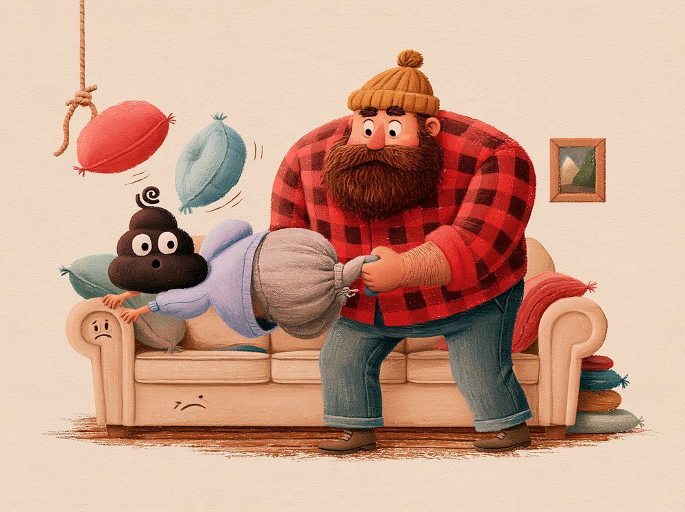 Lou, a big bearded man in a red plaid shirt, pulling on Donald's legs while Donald clings to the sofa.