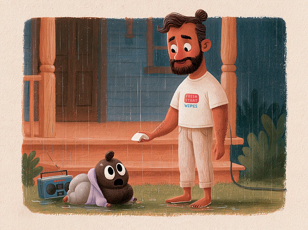 Wes, calm in a FRESH START WIPES T-shirt, offering a single wet wipe to Donald, who has fallen backward on the wet lawn.