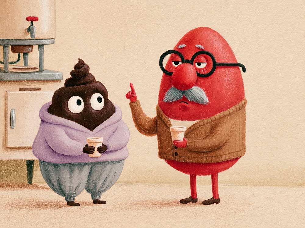 Gary, the older red hemorrhoid in glasses and a cardigan, raising one finger as he hands Donald a cup of coffee.