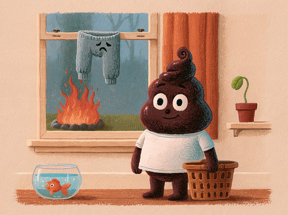 A clean, glossy Donald in a white T-shirt with a laundry basket, his old sweatpants burning in a fire pit outside the window.