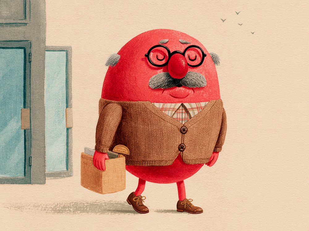 Gary walking out of the office with a cardboard box under his arm, eyes closed and content.