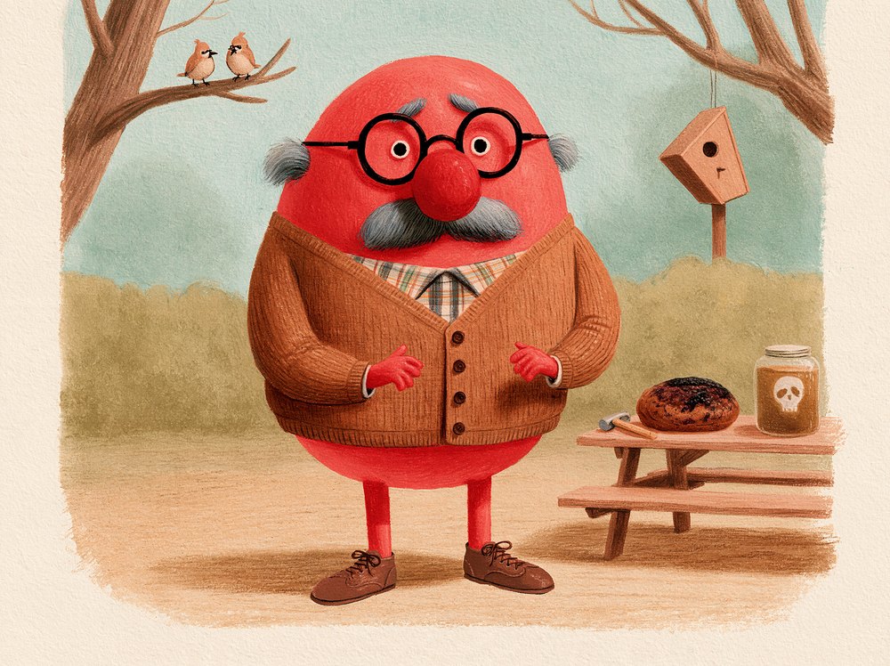 Gary beside a burnt loaf, a suspicious jar and a lopsided birdhouse hanging from a tree.
