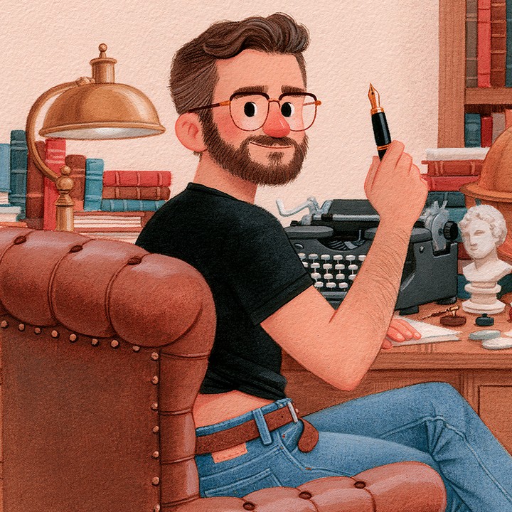 Harry Cheeks at his writing desk, looking back over his shoulder with a fountain pen, jeans riding low
