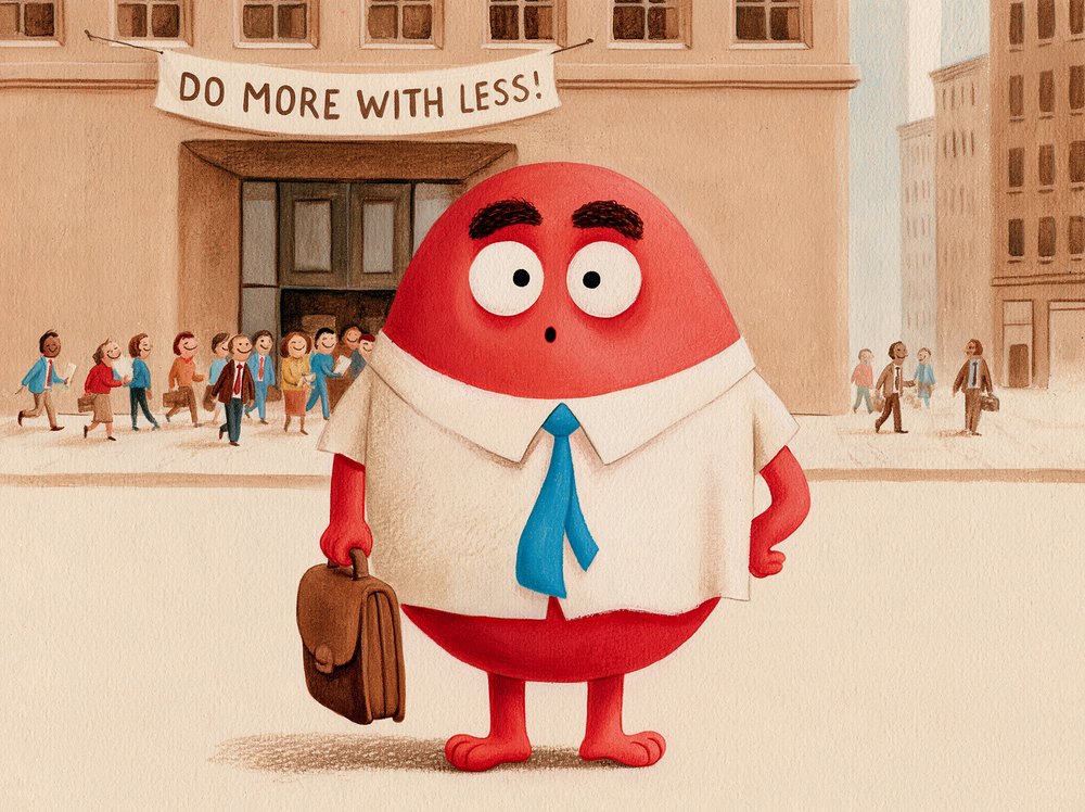 Kevin arriving at the Rear End Design office tower under a 'Do more with less' banner.