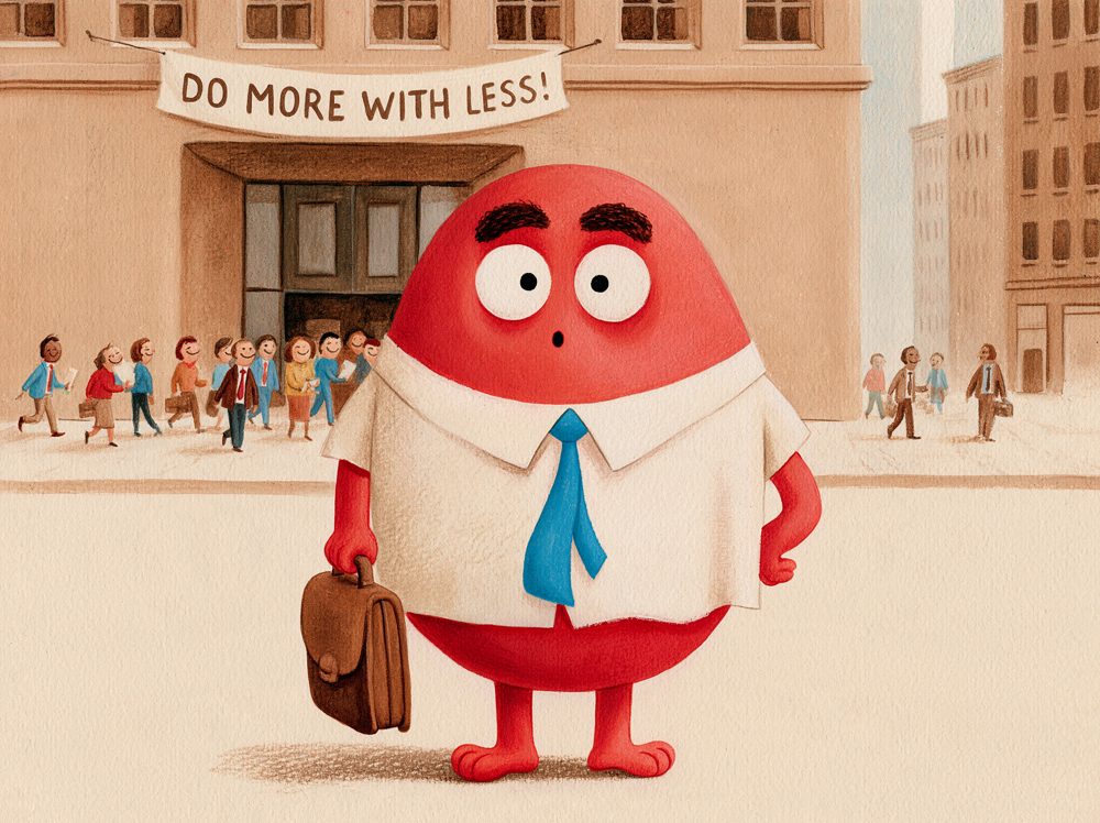 Kevin arriving at the Rear End Design office tower under a 'Do more with less' banner.