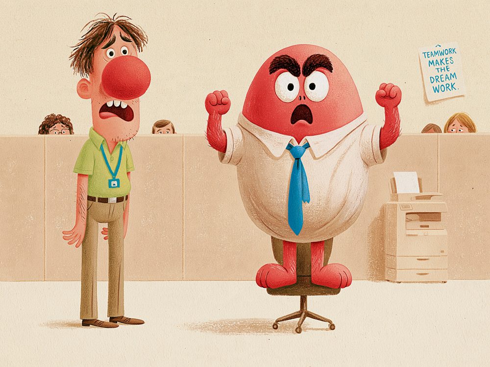 Kevin standing on an office chair yelling at a startled Steve.