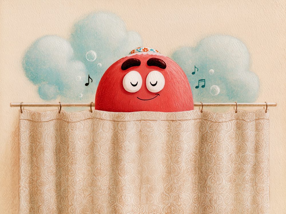 Kevin humming in the shower wearing a floral shower cap.