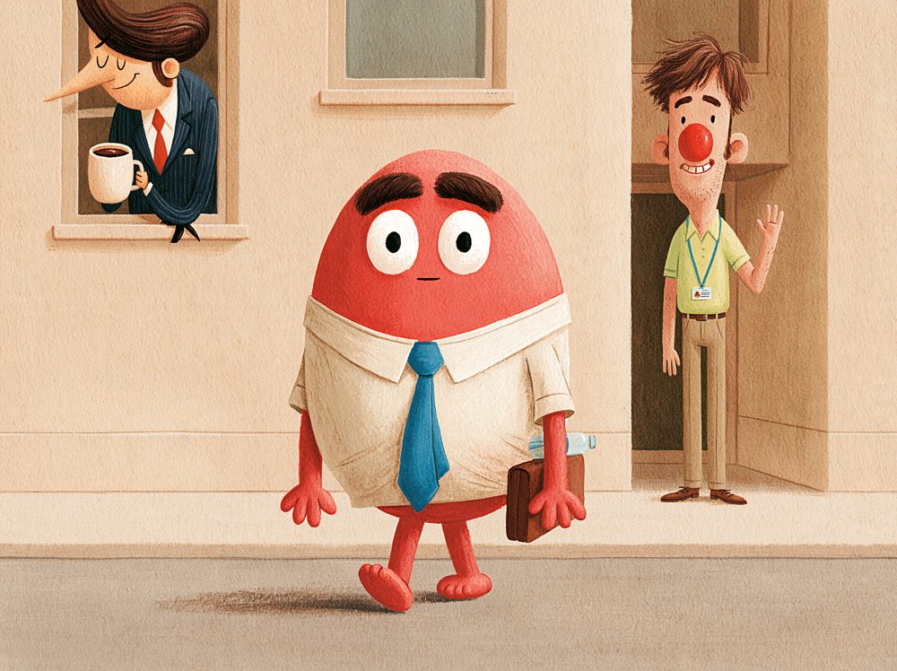 Kevin walking confidently to work while Steve waves from a distance and Richard watches nervously from a window.