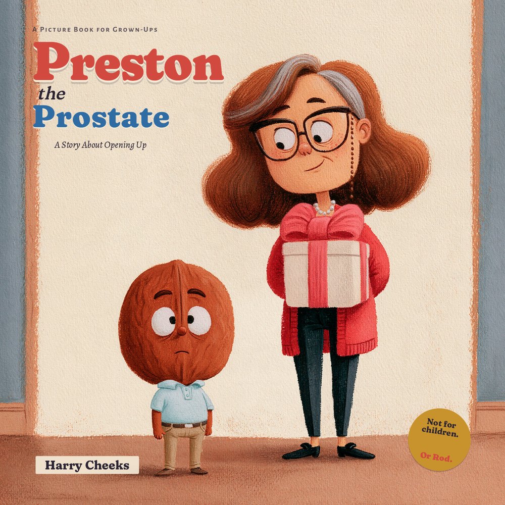 Cover of Preston the Prostate: a plump little walnut-shaped character in a golf polo and khakis, looking nervously over his shoulder.