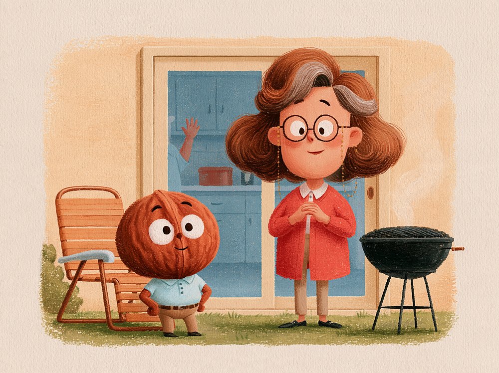 Preston, a plump walnut in a golf polo, standing proudly by his recliner and grill while his wife Peg waves from the kitchen.
