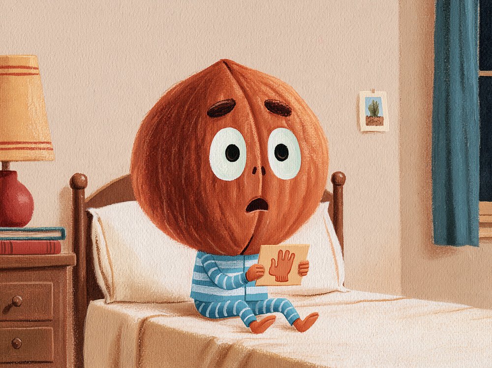 Preston in striped pajamas, pale with horror, holding a reminder card from the doctor's office.