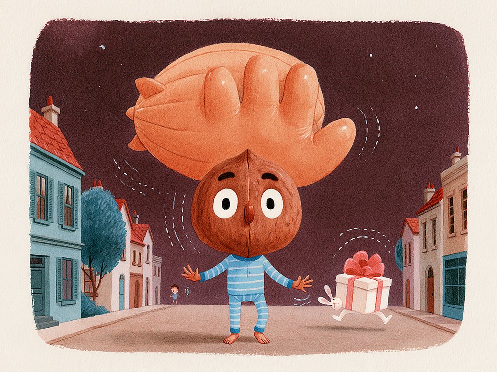A dream: a giant rubber glove floats over the rooftops like a blimp, chasing tiny Preston down the street.