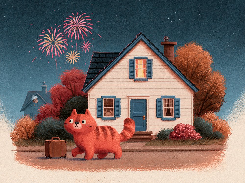 Preston and Peg's little house at night, fireworks bursting pink and gold over the roof as the cat walks away with a suitcase.