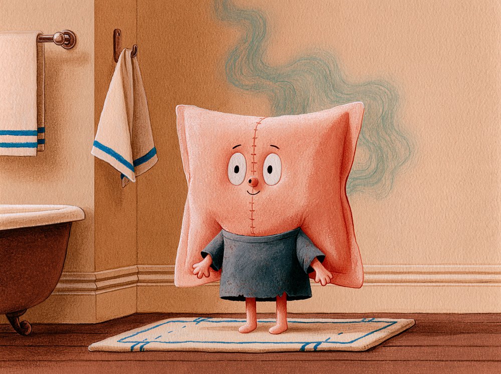 Timmy, a soft peach pillow-shaped character, alone in a cozy bathroom with a little green stink cloud behind him.