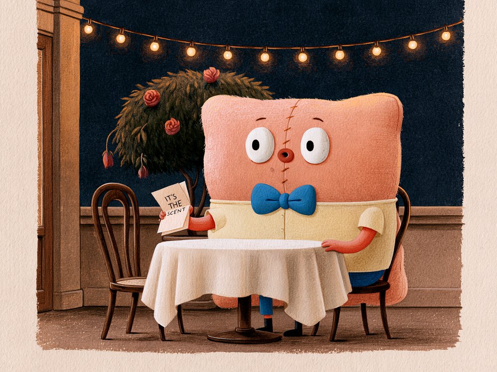 Timmy alone at the patio table after dark, holding a note that reads IT'S THE SCENT.