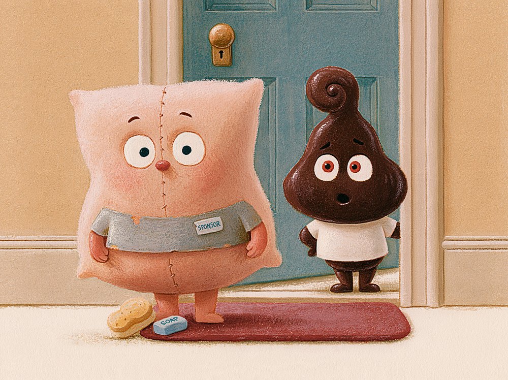 Donald the Dingleberry, glossy and clean in a white T-shirt with a sponge and soap, at Timmy's front door.